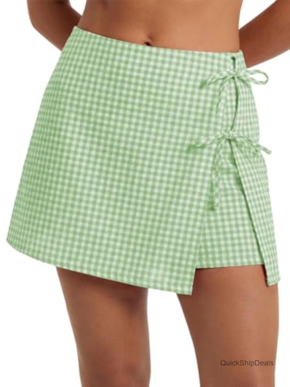 High Waisted Gingham Skort A-Line Wrap Mini Skirt with Shorts Side Tie Cotton
